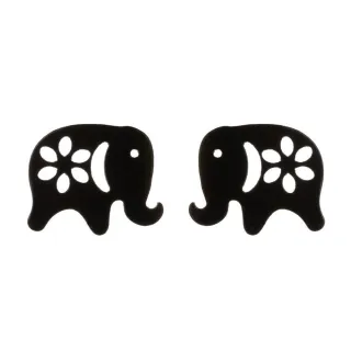 【VIA】白鋼耳釘 白鋼耳環 小象耳環/動物系列 縷空花朵小象造型白鋼耳釘(黑色)