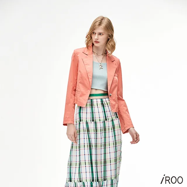 【iROO】橘紅偽牛仔短版西裝外套