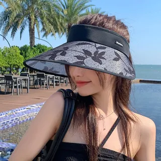 【AnnaSofia】超寬簷遮陽防曬空頂帽鴨舌帽-優雅點葉影 現貨(黑系)