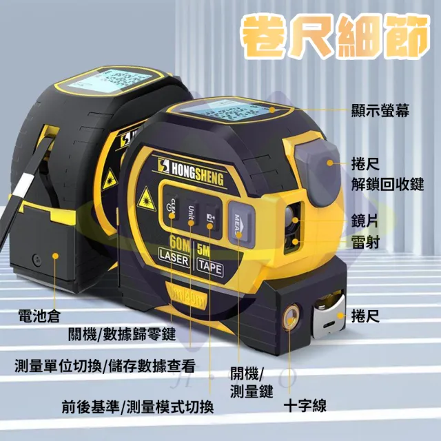 禾統】三合一雷射測距捲尺(高精度鋼捲尺紅外線雷射十字線距離測量儀測