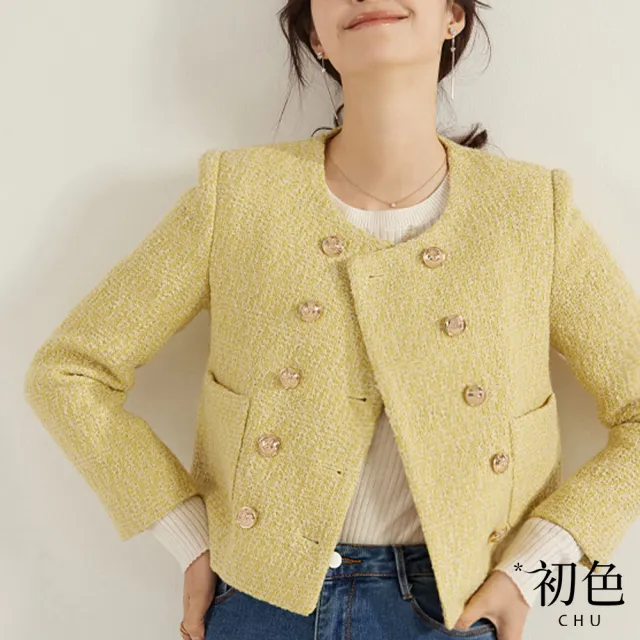 【初色】粗花呢小香風雙排扣圓領短版休閒外套-共2色-64303(M-XL可選)
