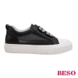 【A.S.O 阿瘦集團】BESO 質感羊皮拼接網布方楦燙鑽休閒鞋(黑色)