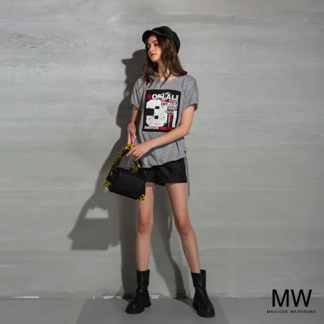 【MAGIQUE WARDROBE】圓領印花不對稱繫帶上衣(淺灰)