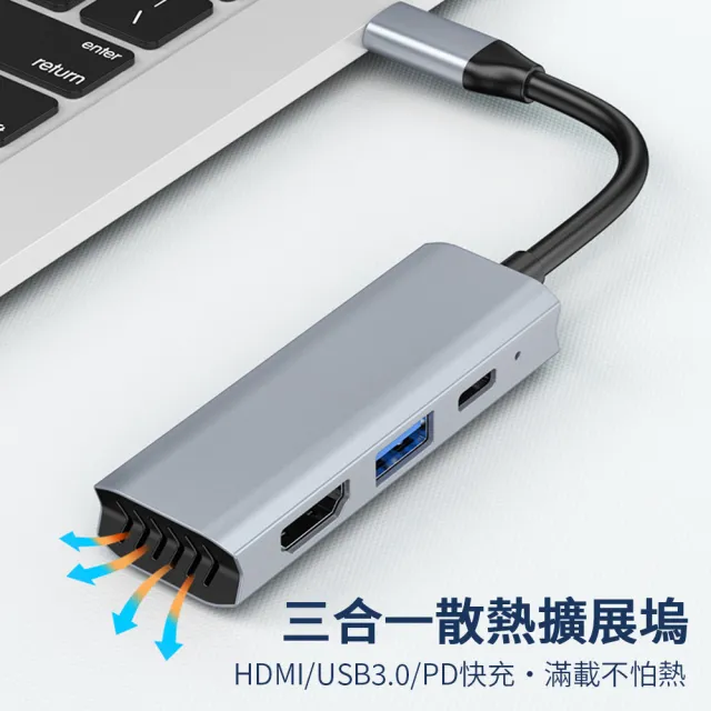【Nil】Type-C 多功能三合一散熱擴展塢 USB-C轉HDMI集線器 PD快充 USB3.0轉換器 HUB轉接器