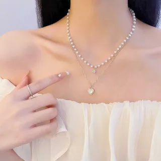 【SUMMER 一夏】韓系愛心微鑲鋯石珍珠雙層疊戴輕奢優雅項鍊(法式巴洛克風)
