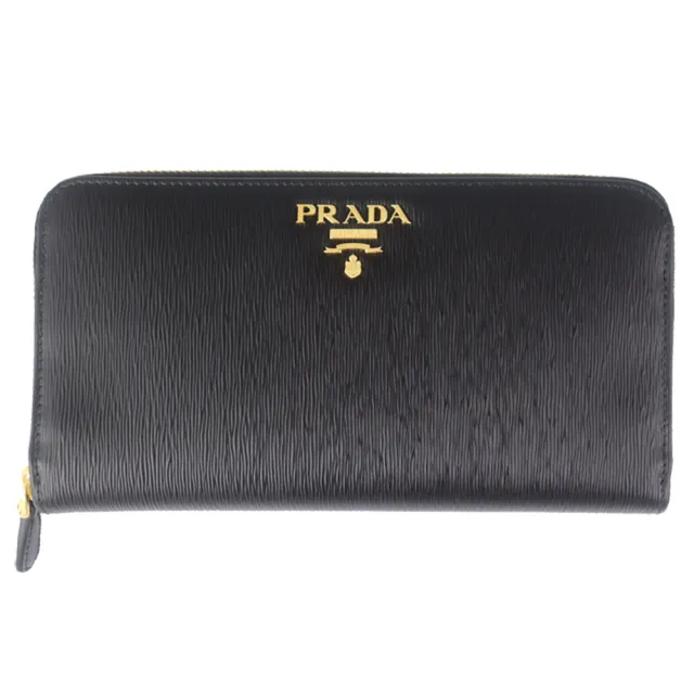 【PRADA 普拉達】品牌標誌直紋皮革拉鍊長夾款(黑色/12卡)