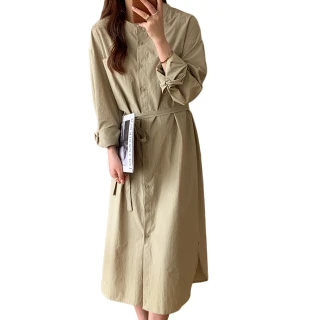 【ACheter】韓國東大門文藝氣質寬鬆顯瘦收腰純色長袖襯衫式連身長版洋裝#115764(2色)