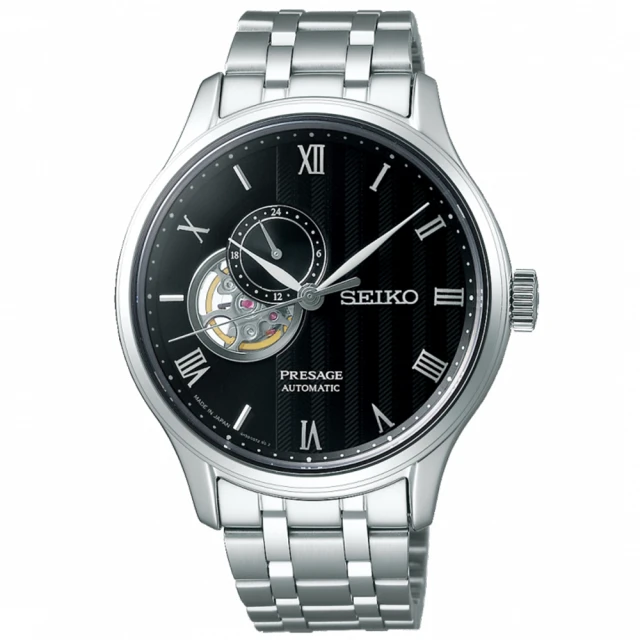 【SEIKO 精工】PRESAGE 24小時顯示開芯機械錶-銀x黑 畢業 禮物(4R39-00W0D/SSA377J1)