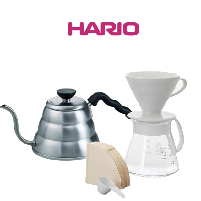 【HARIO】白色02濾杯咖啡壺組+雲朵細口壺(XVDD-3012W+VKBR-100HSV)
