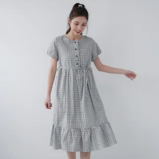 【PINK NEW GIRL】復古格紋棉質綁帶短袖洋裝 L4106RD(2色)