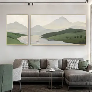 【House Deco 吾所飾室】北歐抽象兩聯式山水壁畫掛畫40*60+120*60cm(現代簡約客廳兩聯沙發背景牆掛畫)
