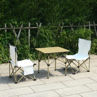 【MINE 家居】自然風露營折疊桌椅三件套 含方桌 兩張椅子(餐桌/摺疊桌/露營桌/折疊椅)