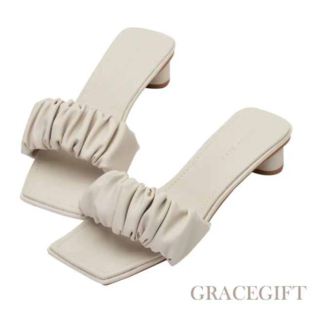 【Grace Gift】甜美雲朵低跟拖鞋(米白)