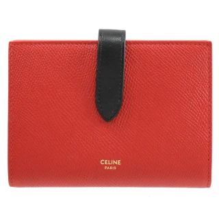 【CELINE】經典品牌燙金防刮皮革扣式寬版零錢中夾(紅黑)