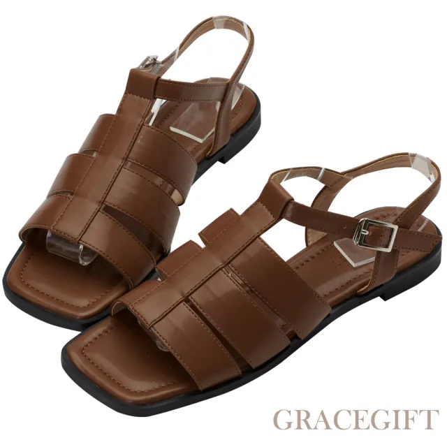 【Grace Gift】編織寬帶低跟涼鞋(棕)