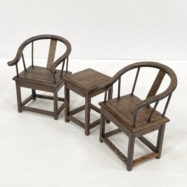 【御古齋】精選 雞翅木 小太師椅 圈椅(裝飾擺件 雕工藝品 小家具模型 桌椅模型 三件一組 0207)
