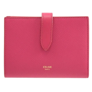 【CELINE】經典品牌燙金防刮皮革扣式寬版零錢中夾(桃紅)