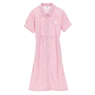 【PLAYBOY】條紋綁帶長版襯衫(粉色)