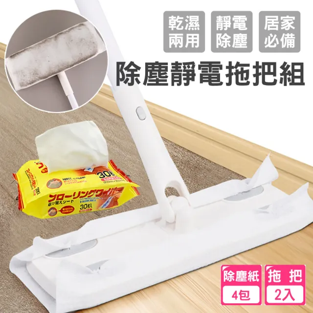【E-life】除塵靜電拖把組(拖把2把+除塵紙4包)