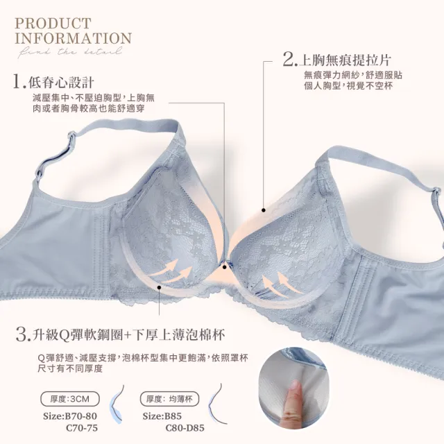 【Clany 可蘭霓】台灣製 石墨烯抑菌消臭軟鋼圈集中V曲線蕾絲BCD罩杯女內衣 機能調整型性感(霧灰藍 8033-52)