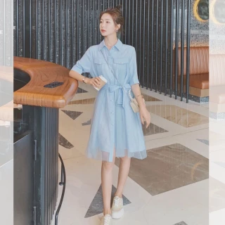 【UniStyle】現貨 網紗短袖洋裝 清新浪漫收腰襯衫裙 女 ZM200-8883(淺藍)