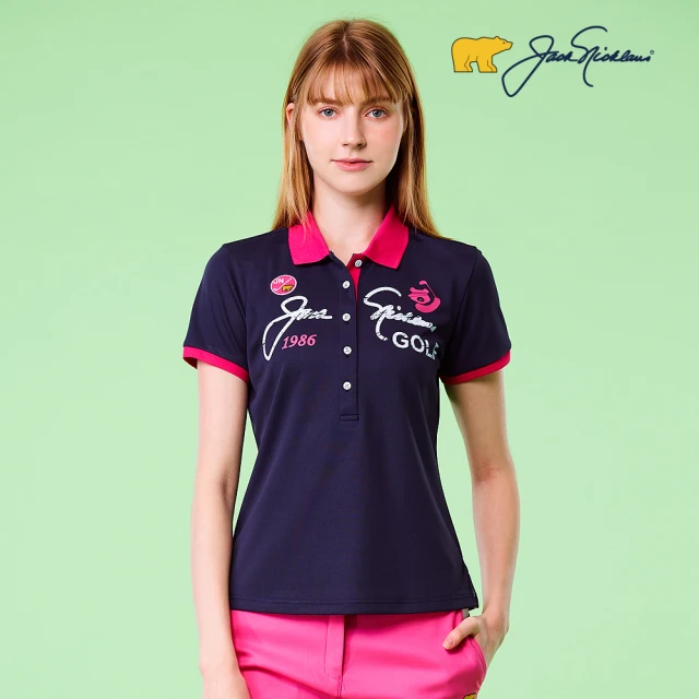 【Jack Nicklaus 金熊】GOLF女款印花設計吸濕排汗POLO衫/高爾夫球衫(深藍色)