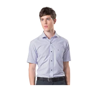 【RODBELL 羅德貝爾】深藍條紋短袖修身襯衫(抗皺、吸濕排汗、聚酯纖維、修身襯衫)
