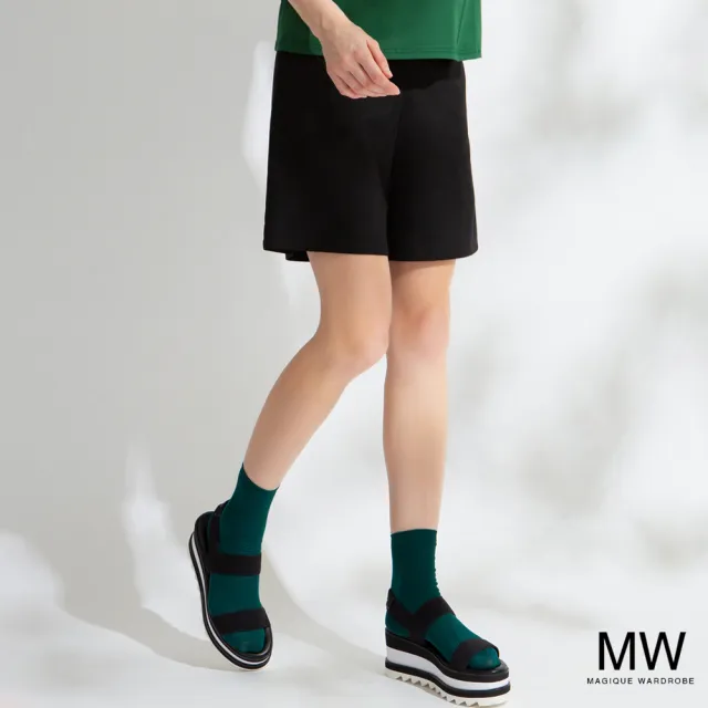 【MAGIQUE WARDROBE】鍊飾後鬆緊英文織帶寬褲五分褲(黑色)