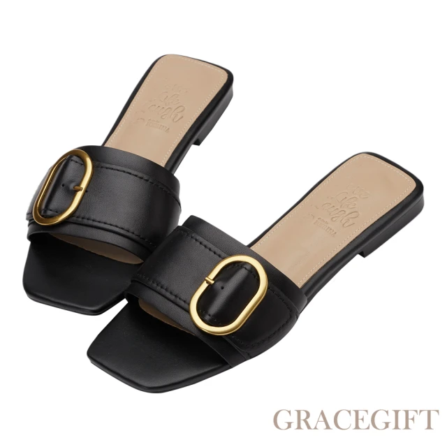 【Grace Gift】薛妞妞聯名-法式慵懶金屬環真皮平底拖鞋(黑)