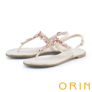 【ORIN】輕奢鑽飾鑲金平底夾腳涼鞋(米色)