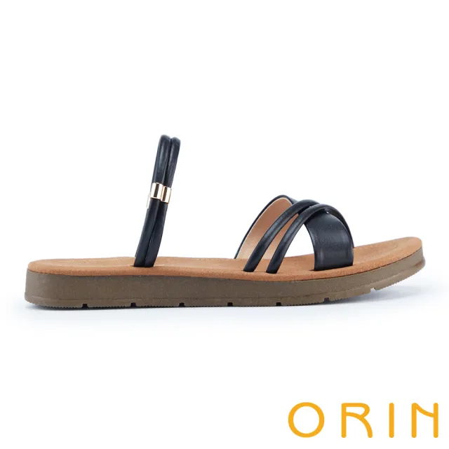 【ORIN】交叉線條皮革平底涼拖鞋(黑色)