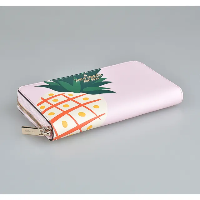 【KATE SPADE】Kate Spade金屬字母LOGO塗鴉鳳梨設計牛皮12卡拉鏈長夾(展示品/櫻花粉)