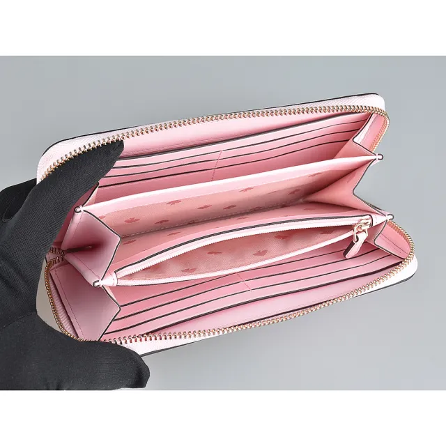 【KATE SPADE】Kate Spade金屬字母LOGO塗鴉鳳梨設計牛皮12卡拉鏈長夾(展示品/櫻花粉)
