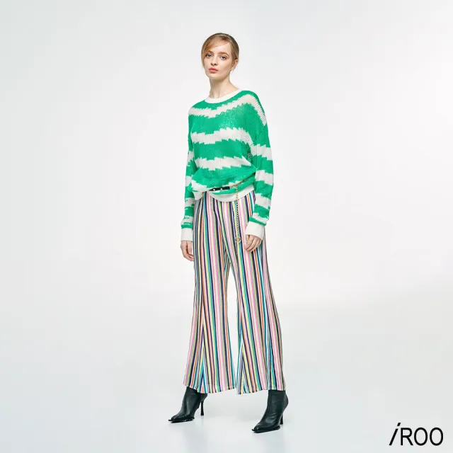 【iROO】彩條雪紡喇叭褲