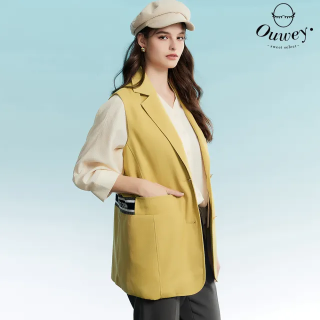 【OUWEY 歐薇】俐落亮眼織帶造型長版西裝背心(黃色；S-L；3232253005)
