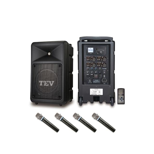 TEV TA680iD-U4 手提式音響，臺灣原廠製造，搭載藍芽、USB/SD卡輸入及錄音功能，支援單曲與迴圈播放。附贈4支無線麥克風、遙控器、鋰離子電池續航力強，尺寸340x330x545mm，重量約11kg，適合KTV、家庭派對使用。1年保固，NCC及BSMI認證，黑色系設計耐用護套保護。