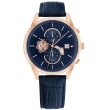 【Tommy Hilfiger】簡約三眼 兩地時間 日期顯示 壓紋真皮手錶 藍x玫瑰金框 44mm(1710503)