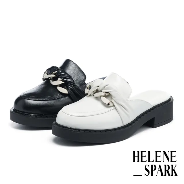 【HELENE_SPARK】別致時尚穿鍊羊皮圓頭穆勒厚底拖鞋(黑)