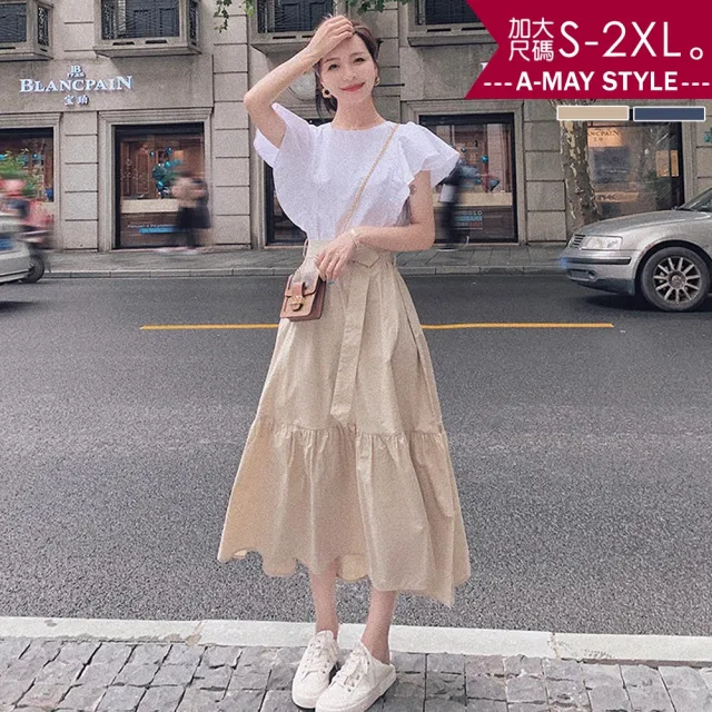 【Amay Style 艾美時尚】現貨 中大尺碼女裝 連身洋裝 甜美荷葉袖撞色拼接洋裝。S-2XL(卡其)