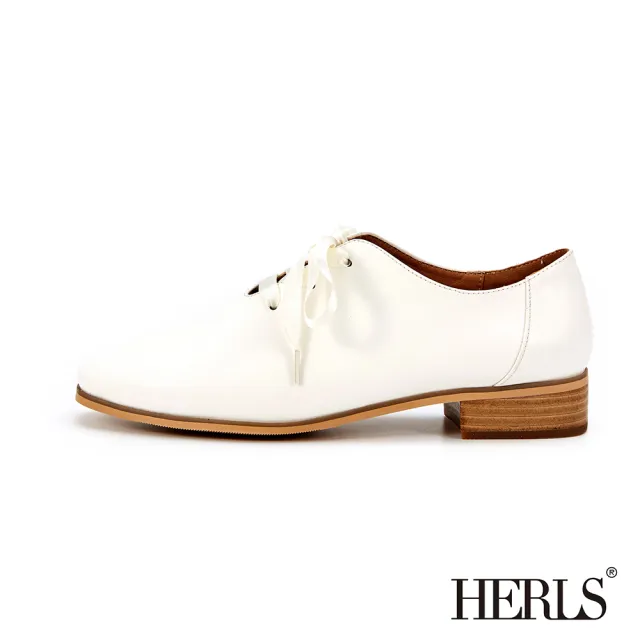【HERLS】牛津鞋-兩穿緞帶鏤空方頭低跟牛津鞋-附鞋帶(米白色)