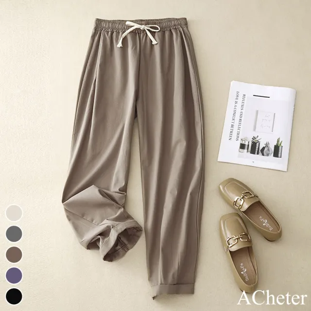 【ACheter】棉麻闊腿老爹褲純色長褲鬆緊腰簡約寬鬆九分褲#117378(5色)