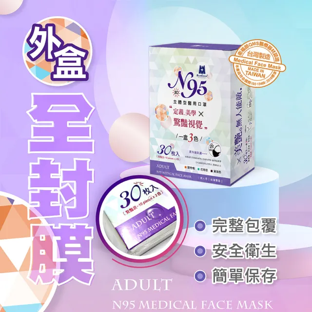 【藍鷹牌】驚艷款 N95醫用立體型成人口罩2盒 三色綜合款 30片/盒(歐戀橘、花青綠、黛紫色)