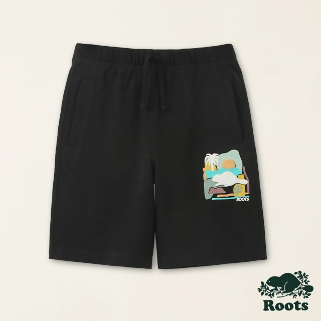【Roots】Roots大童-海洋生活家系列 抽象海狸有機竹節棉五分短褲(黑色)