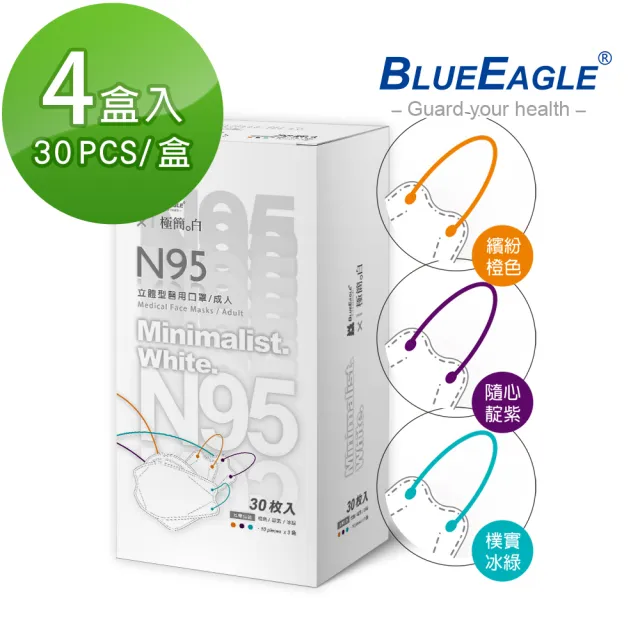 【藍鷹牌】極簡白系列 N95醫用4D立體型成人口罩4盒 三色綜合款 30片/盒(兩款可選)