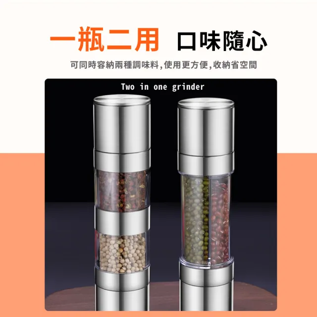 【雙向調味】二合一不鏽鋼雙頭研磨罐(研磨瓶 調味瓶 可調節 調味罐 胡椒罐 便捷 家用 研磨器 廚房 餐廳)
