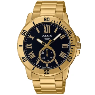 【CASIO 卡西歐】耀眼金星不鏽鋼腕錶/金x黑面 羅馬數字款(MTP-VD200G-1B)