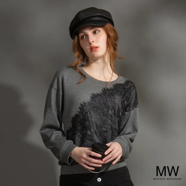 【MAGIQUE WARDROBE】圓領蕾絲拼接長袖上衣(2色)