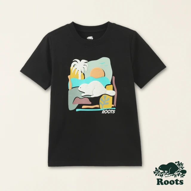 【Roots】Roots大童-海洋生活家系列 抽象海狸有機竹節棉短袖T恤(黑色)