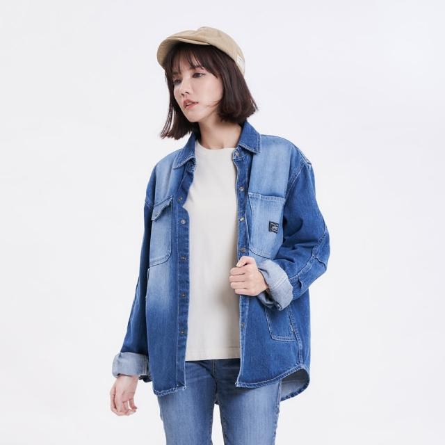 【5th STREET】中性款牛仔長袖襯衫(中古藍)