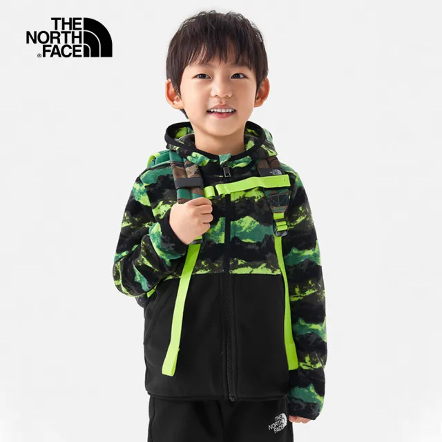 【The North Face 官方旗艦】北面兒童綠黑拼接輕質保暖山形印花連帽抓絨外套｜82U7IOL